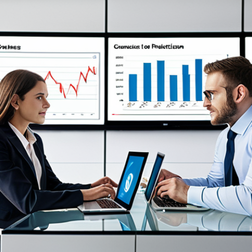 **Image Prompt:** Business partners in a modern office setting reviewing financial charts on a large screen, using laptops and tablets, collaborative atmosphere, bright and transparent communication, illustrating clear financial policies and transparent communication.